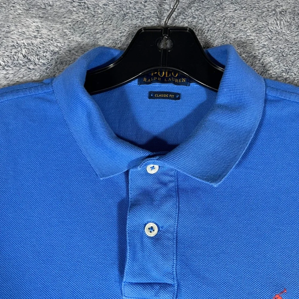 Polo Ralph Lauren Mens L Classic Fit Cotton Mesh Polo‎ Shirt Blue w/ Orange Pony